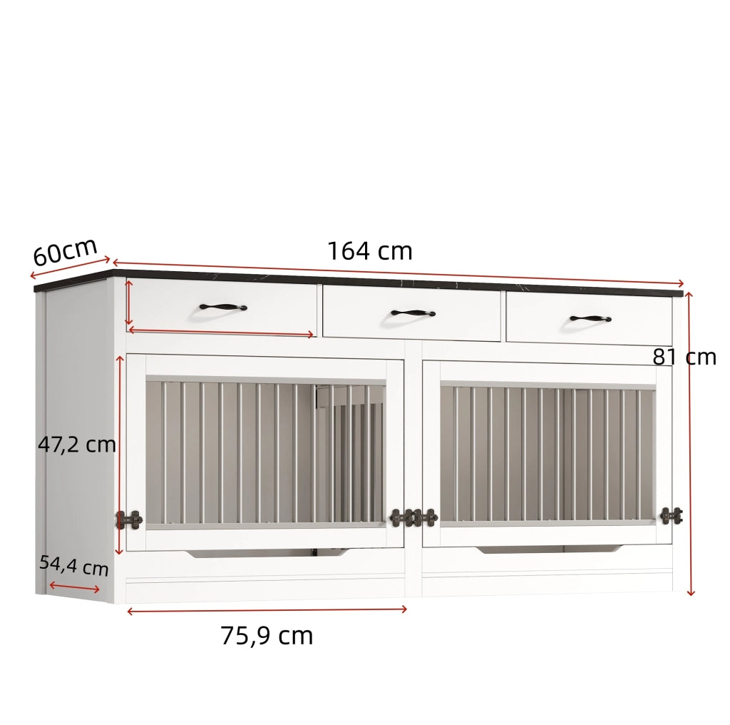 Gabbia per cani 164x60x81 cm bianca e nera in MDF e metallo; 3 cassetti