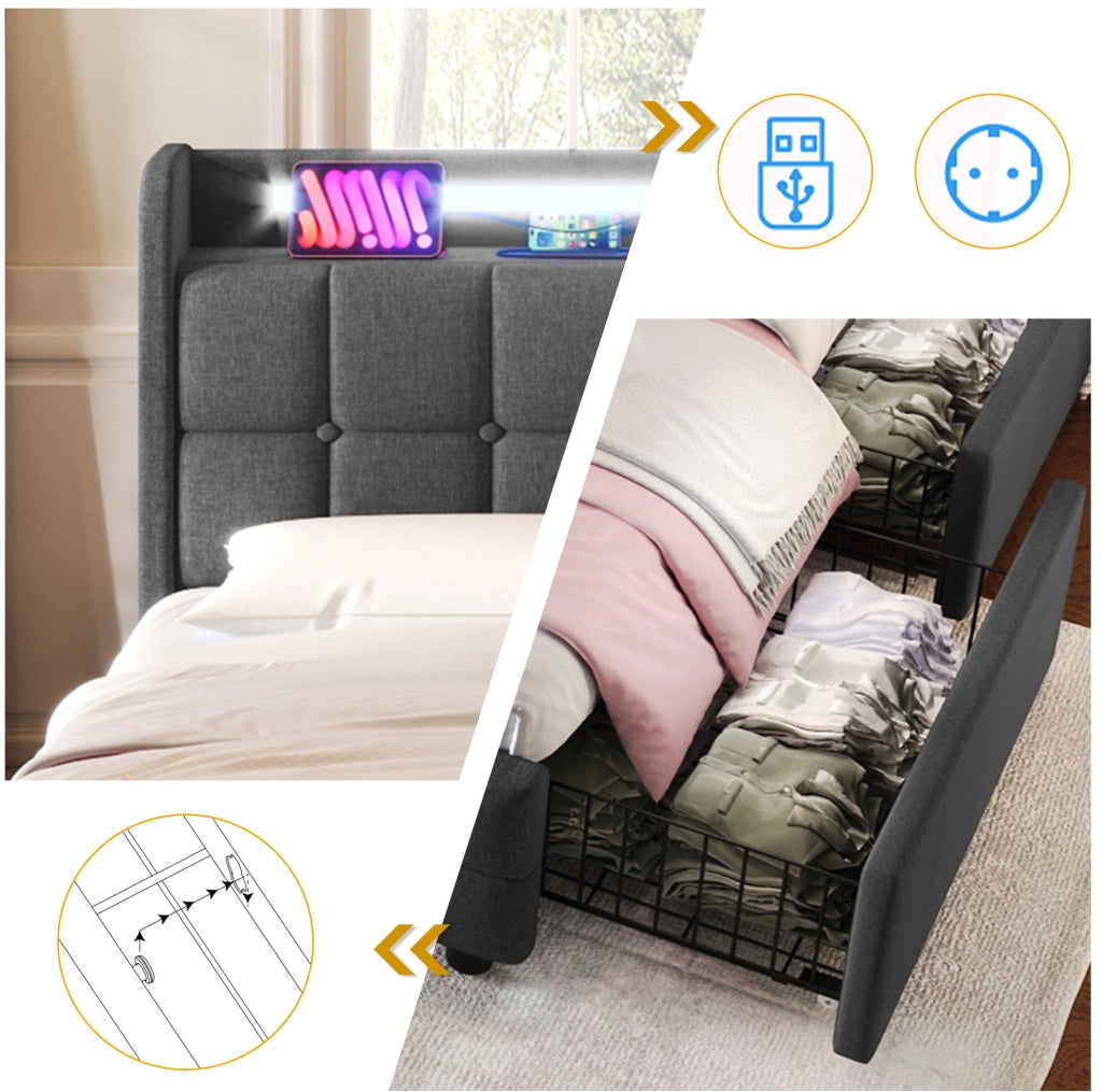 Letto singolo imbottito grigio 90 x 200 cm con LED, prese, USB e 2 cassetti