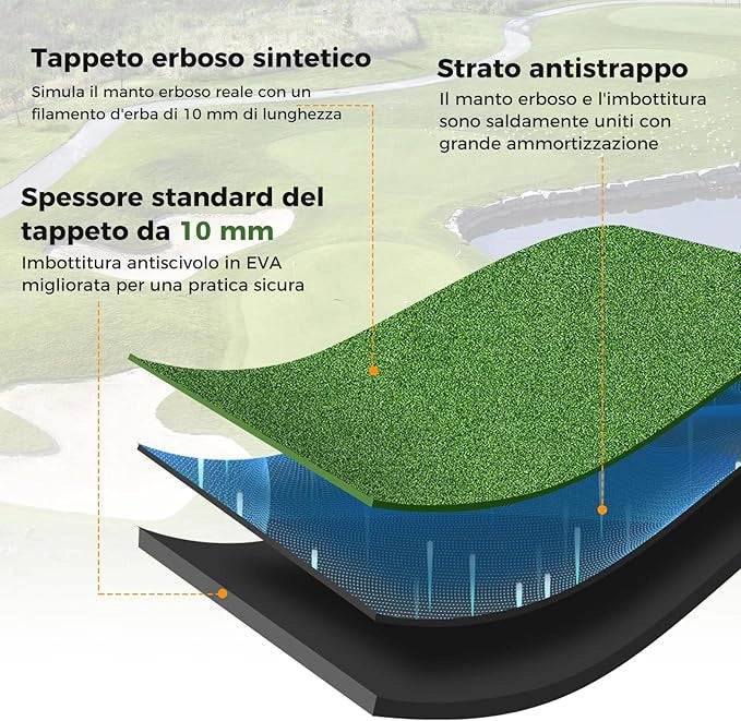 Tappeto da Allenamento Golf 3-in-1, Tappetino da Allenamento in Erba Sintetica con 2 Punte da Golf, 2 Aste di Allineamento e 3 Fori Preforati per le Punte