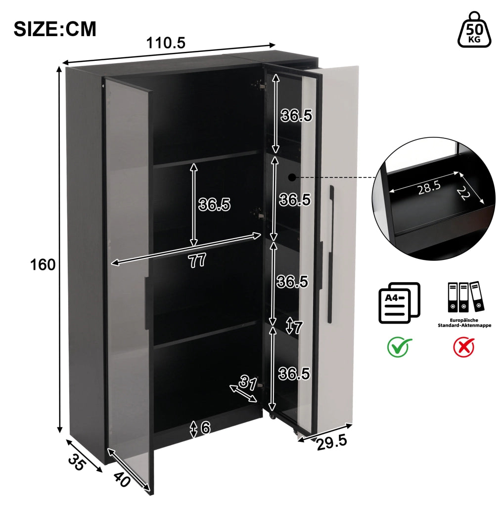 Mobile vetrina 110,5x35x160 cm con LED e modulo estraibile in MDF bianco e nero