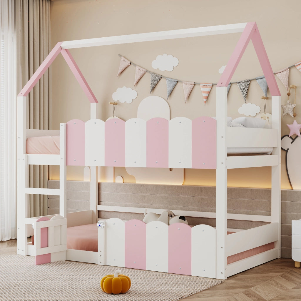 Letto a castello per bambini 90x200 cm a forma di casetta; rosa e bianco