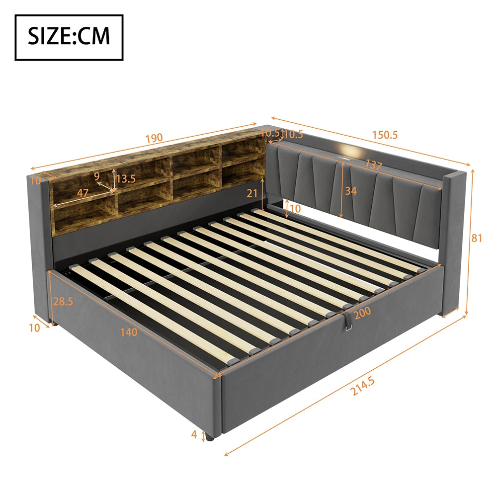 Divano letto-Xylo-140x200 cm-LED, USB-C, velluto grigio scuro