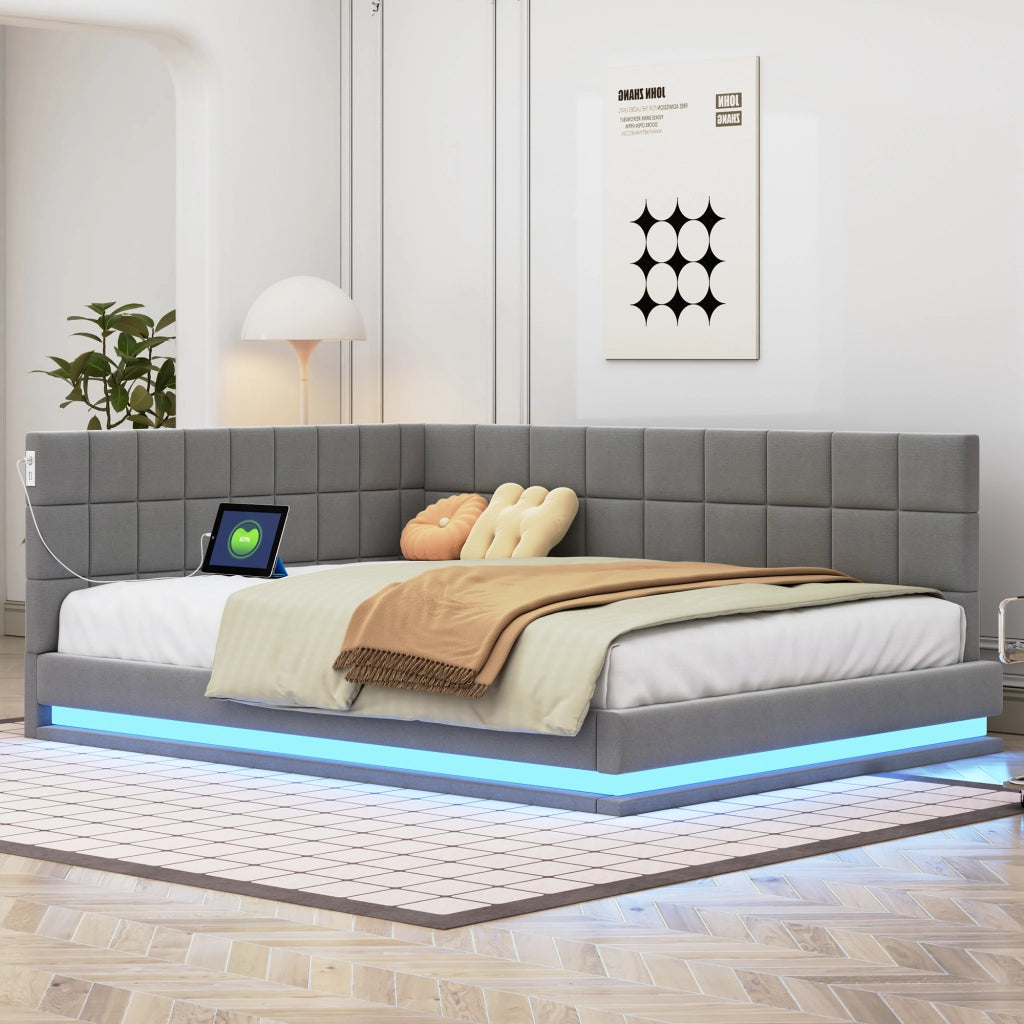 Divano letto 140x200 cm con LED multicolore e porta USB; rete a doghe; lino grigio