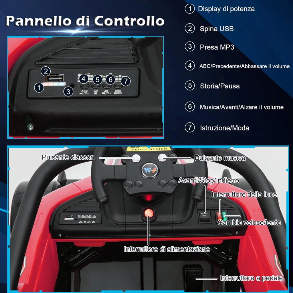 Macchina Elettrica per Bambini, Veicolo elettrico 12V con Telecomando e Batteria Ricaricabile, Musica e Luci LED, Velocità 2-5km/h, per Bambini da 3-7 Anni (Rosso)