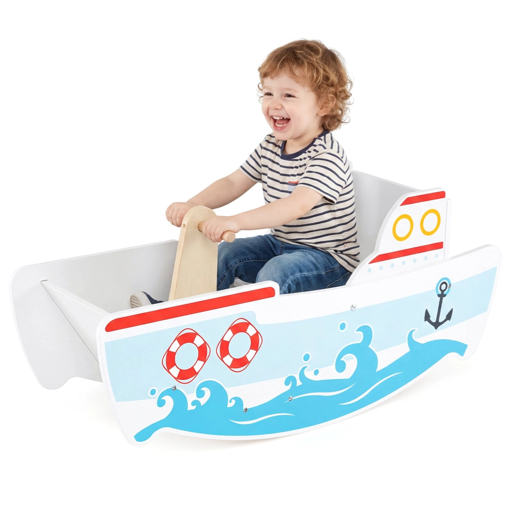 Nave a dondolo in legno nautico per bambini 1-5 anni con manici e movimento 40¡ã, Giocattolo barca interno portata 50 KG