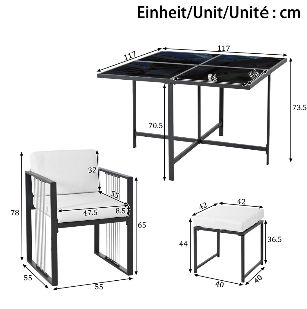 Set da pranzo da esterno 7 pezzi per 6 persone con tavolo quadrato in vetro temperato e sedie con cuscini sfoderabili