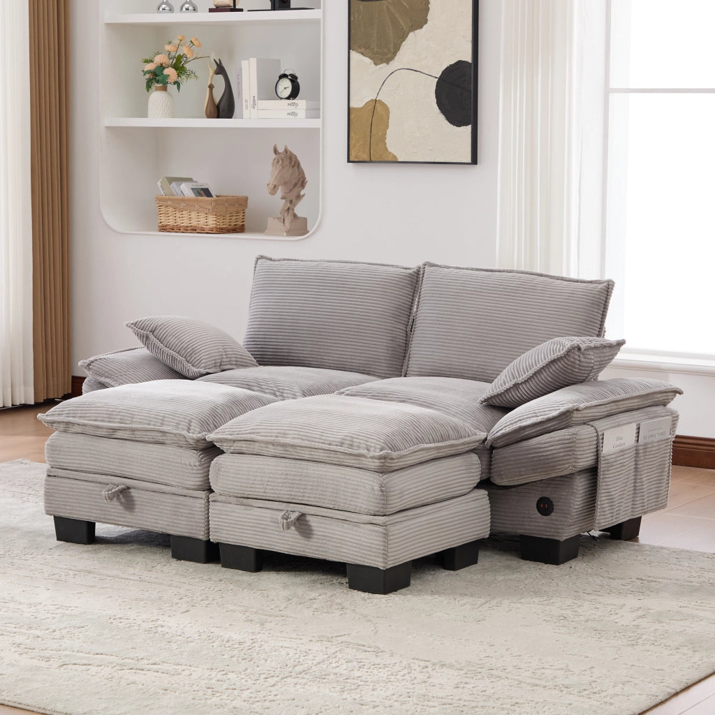 Divano 2 Posti con Poggiapiedi in Tessuto ¨C MINIMAL ¨C Grigio Chiaro