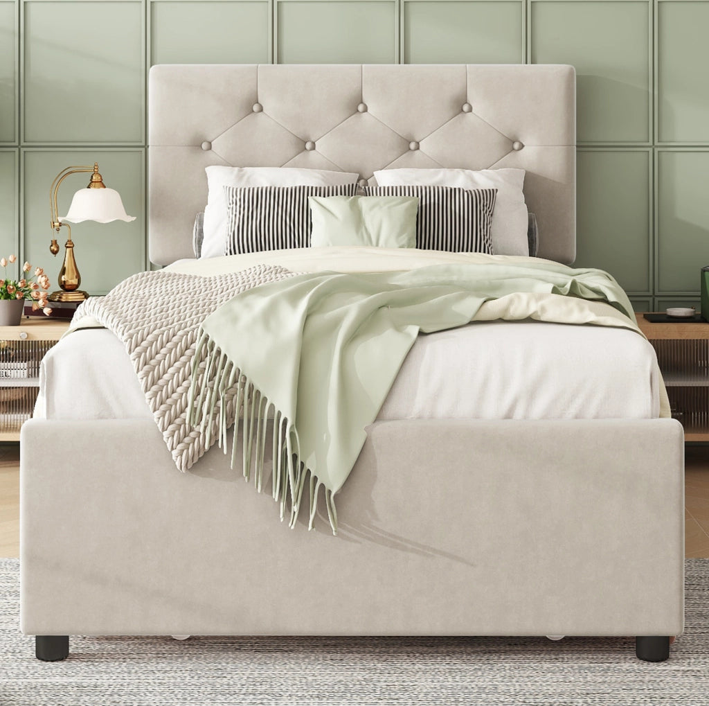 Letto imbottito 90x200 cm con letto estraibile beige