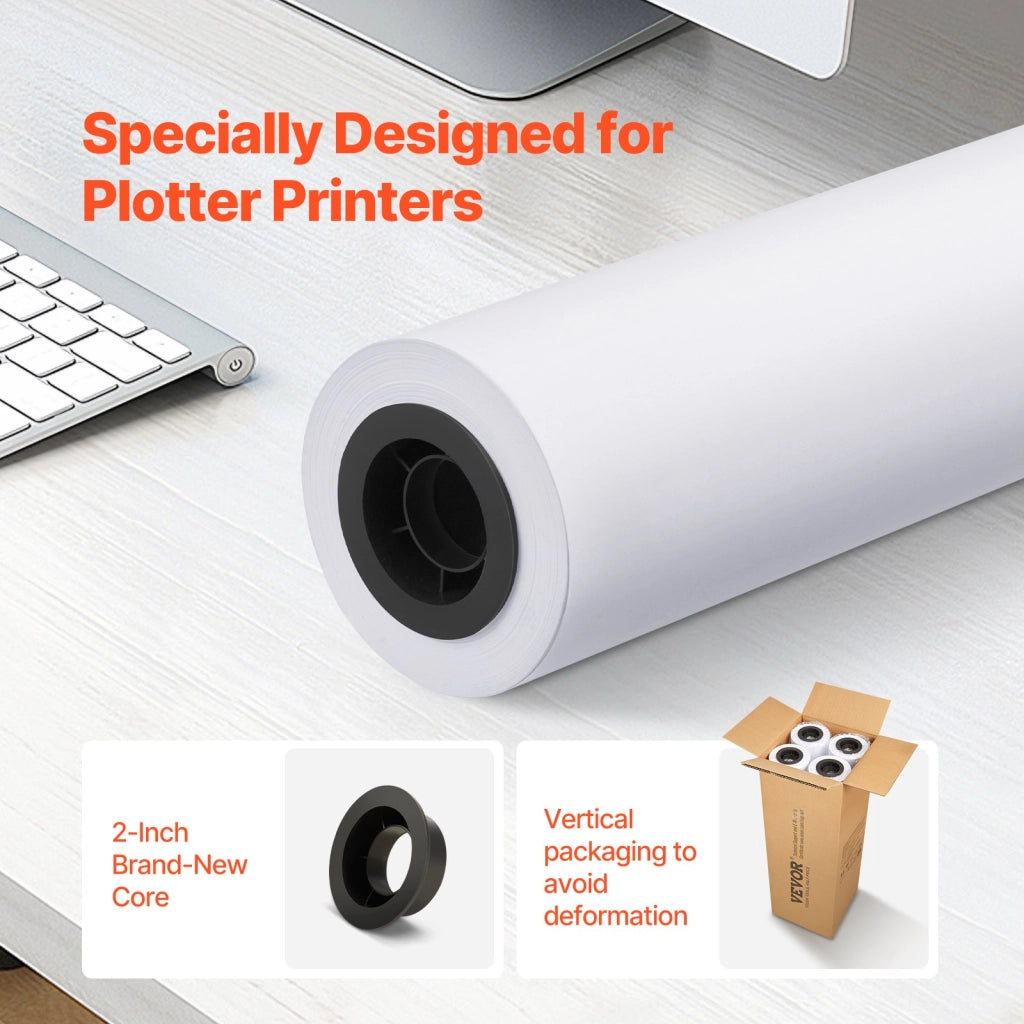 Carta per Plotter CAD 609,6 mm x 45,7 m 80 g/m² 4 Rotoli Anima 50,8 mm Bianco Resistente per Disegni Tecnici e Ingegneria