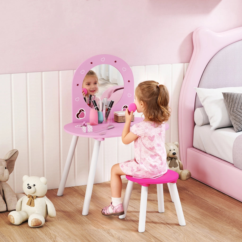Set Toeletta Trucco Bambina 3-6 Anni 60x43,5x83 cm con Sgabello Specchio Infrangibile Design con Cuori in MDF Rosa
