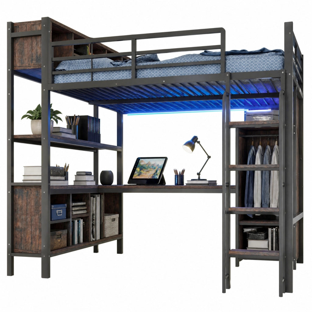 Letto a soppalco ULEVR 140x200 cm con scrivania, armadio, LED e prese UE, nero