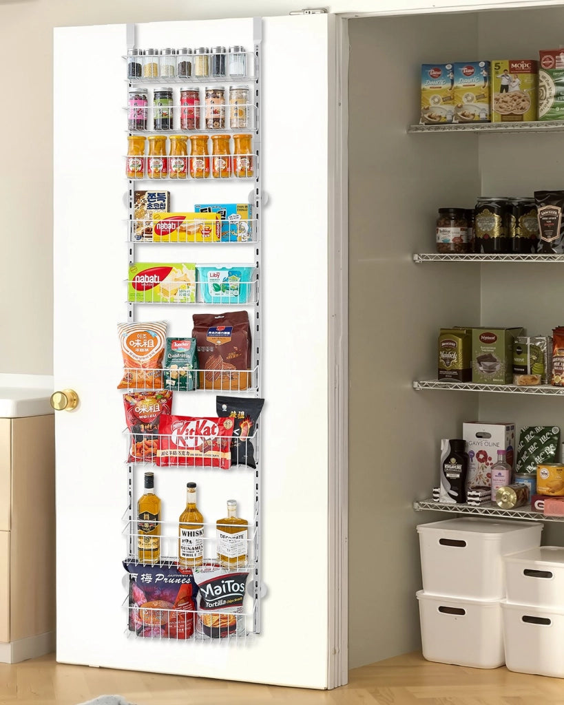 Organizzatore per Dispensa Sopra Porta a 9 Ripiani Regolabili, Scaffale Porta Spezie Sospeso in Acciaio, Salvaspazio per Cucina e Casa, Bianco DPO-9A
