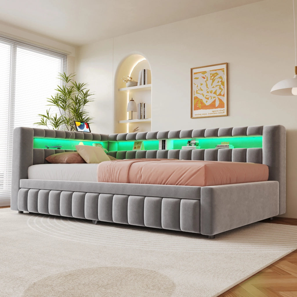 Divano letto con LED, testiera contenitore e USB, 90x200 cm, grigio chiaro