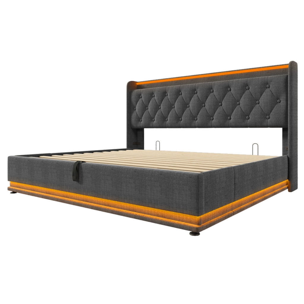 Letto imbottito grigio 180x200 cm con contenitore idraulico; LED e USB Tipo-C