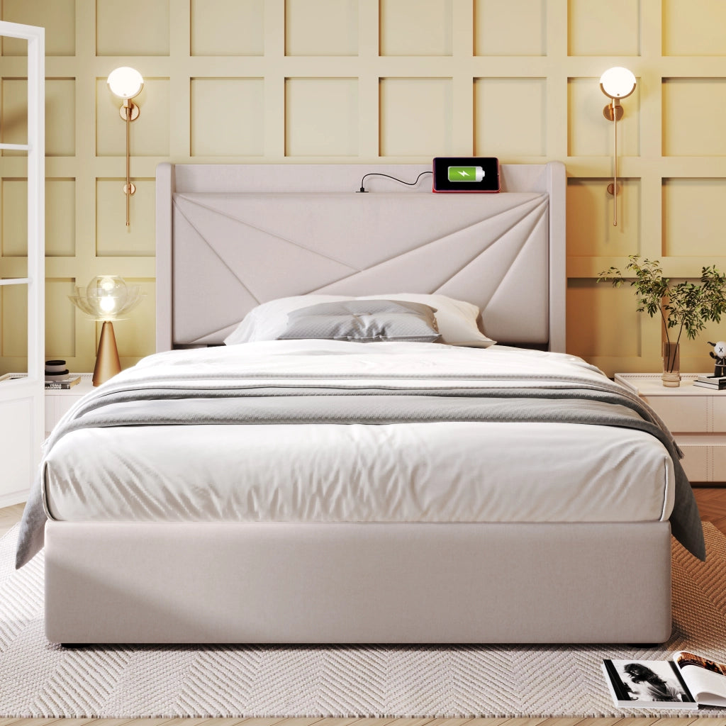 Letto singolo contenitore 90x200 beige con testiera geometrica