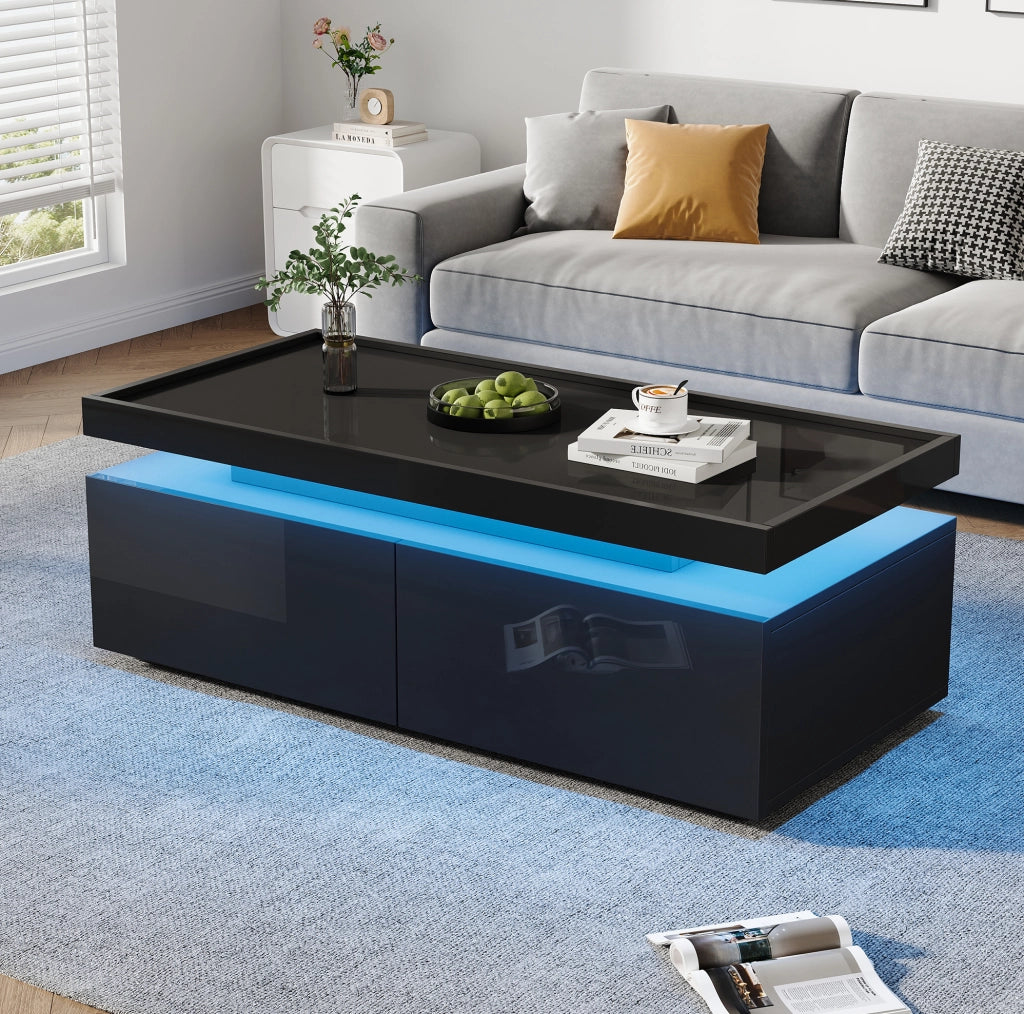TAVOLINO DA CAFFÈ 95x45x35 cm Nero Lucido con LED e 2 Cassetti