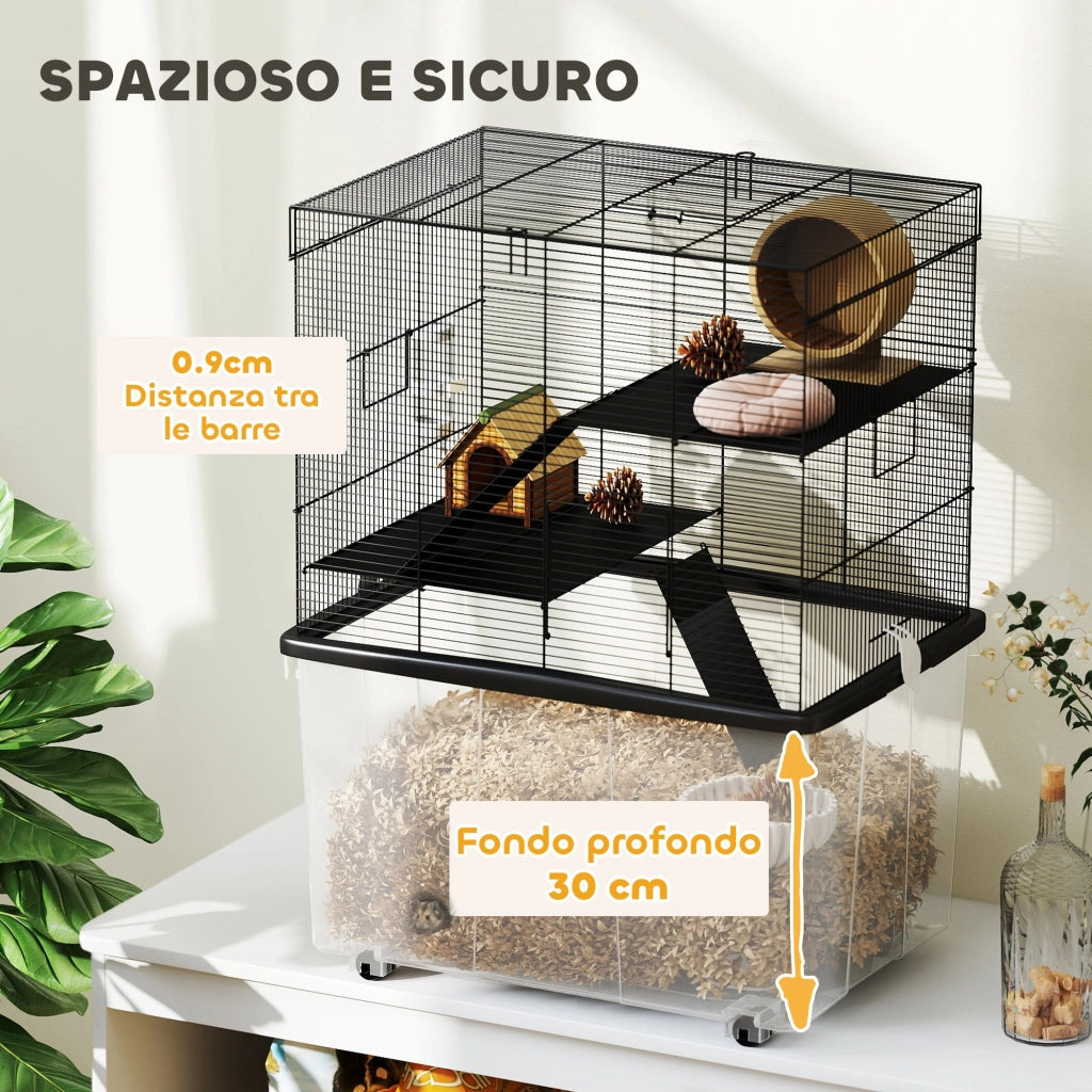 Gabbia per Criceti a 3 Piani 58x43x74 cm con Rampe e Accessori Nero