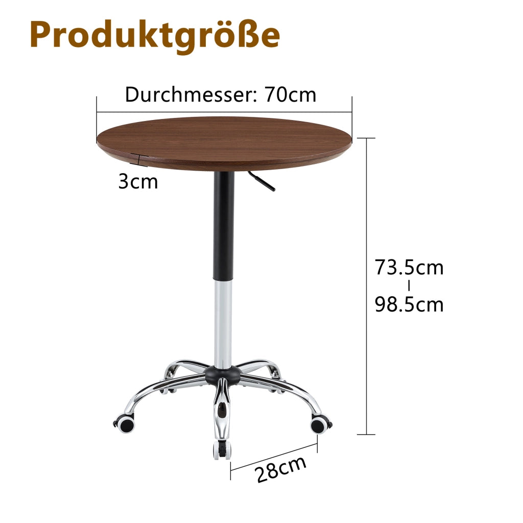 Tavolo regolabile diametro 70 cm con ruote; MDF e metallo noce