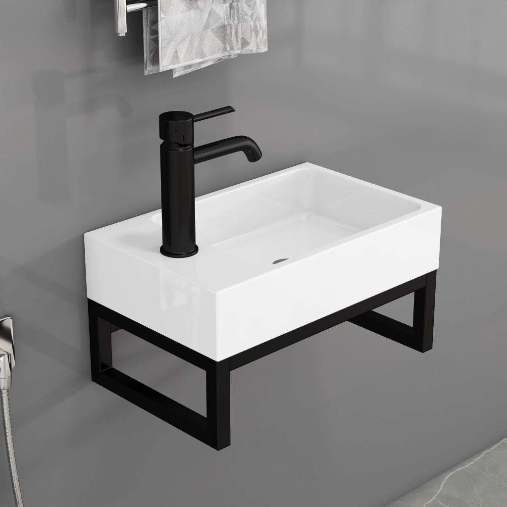 Lavabo da parete compatto con troppopieno e telaio nero, in ceramica bianco opaco, 40 × 21 × 25 cm