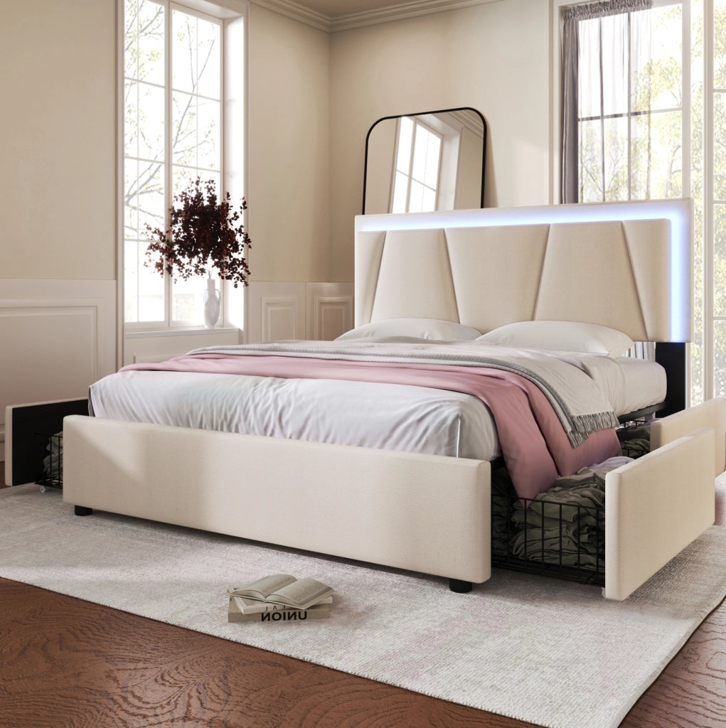 LETTO 160x200 cm Beige con LED, 4 cassetti e materasso incluso