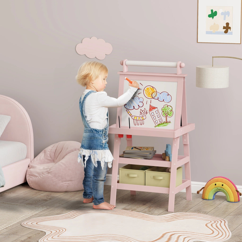 Lavagna per Bambini 59x48x118 cm a Gesso Magnetica e Rotolo di Carta in Legno Rosa