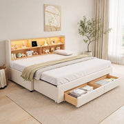 Letto per bambini estraibile 90x200 cm con LED; USB e Type-C; 2 cassetti; velluto beige