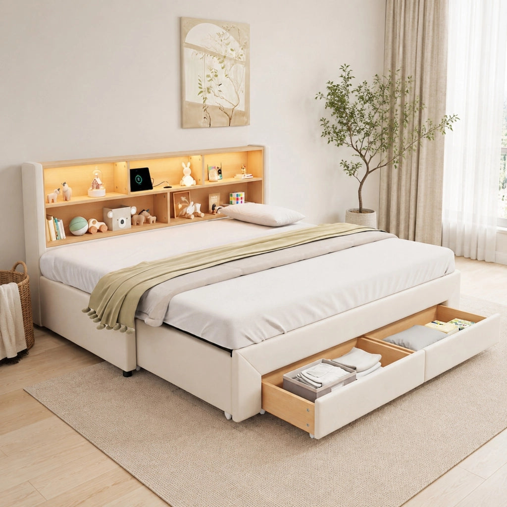 Letto per bambini estraibile 90x200 cm con LED; USB e Type-C; 2 cassetti; velluto beige