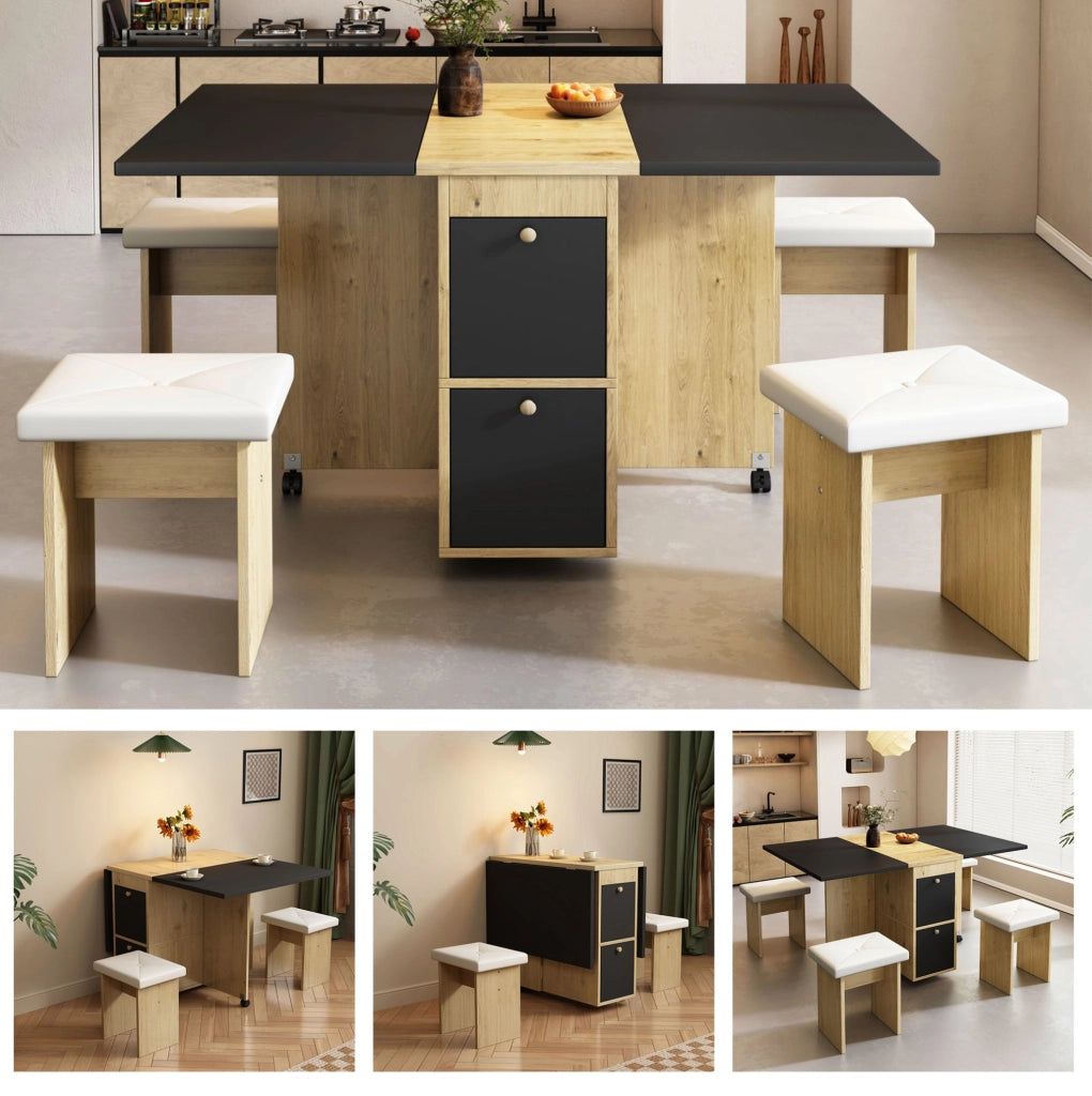 Set tavolo da pranzo pieghevole con 4 sedie; bianco e nero