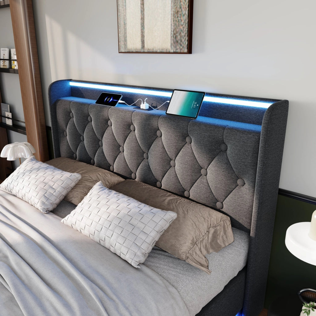 Letto imbottito grigio 140x190 cm con contenitore e illuminazione LED