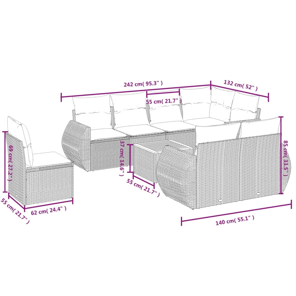Set Divano da Giardino 9 pz con Cuscini Grigio in Polyrattan 3225101