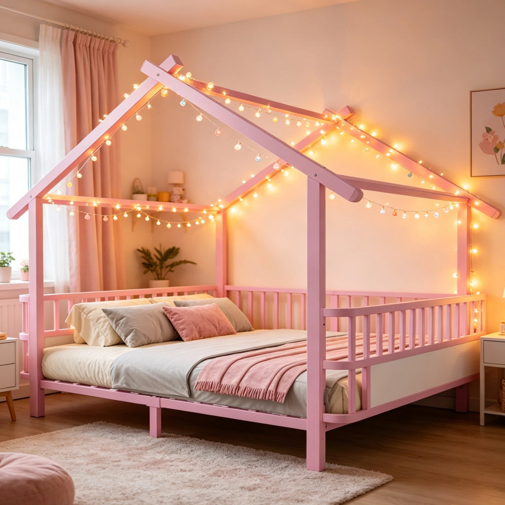 Letto a casetta 140x200 cm in metallo rosa