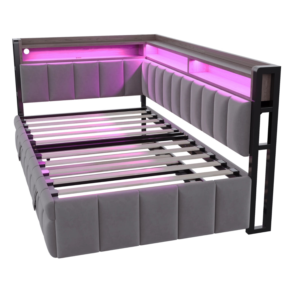 Divano letto estraibile 90x200 cm con LED, USB e Type-C grigio