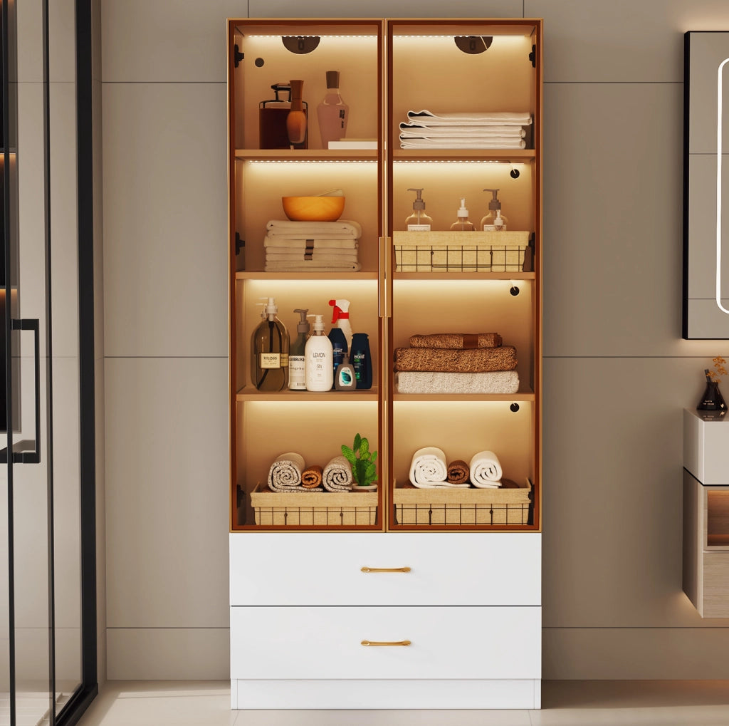 Mobile bagno alto in MDF bianco con ripiani aperti e vetro temperato