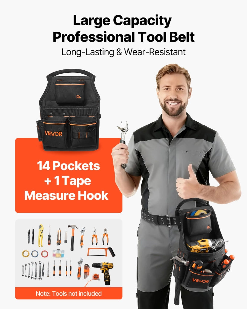 Cintura porta attrezzi DWSS2501 con 14 tasche in poliestere 600D, borsa da lavoro regolabile 83-127 cm per carpentieri ed elettricisti