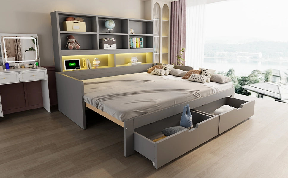 Letto estraibile trasformabile con LED prese ripiani e cassetti in MDF grigio
