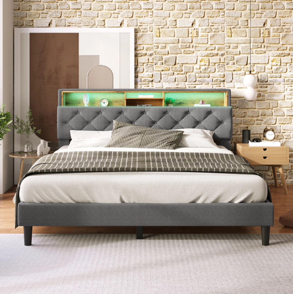 LETTO imbottito 140x200 cm Grigio con testiera contenitore e LED