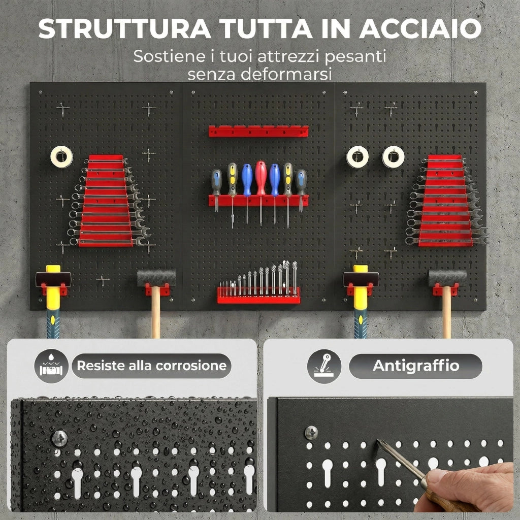 Pannelli Porta Attrezzi da Parete ¨C Minimal ¨C Acciaio, Nero e Rosso, 3 Pezzi