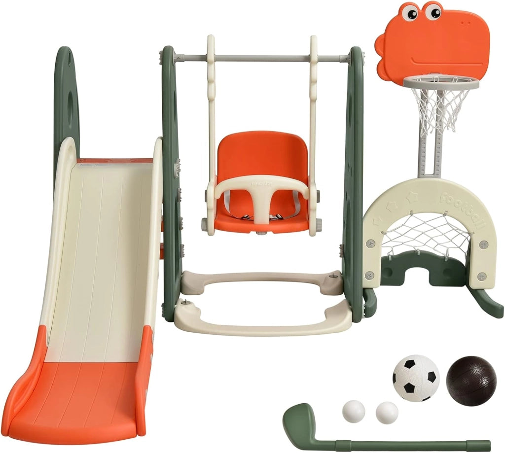 6 in 1 Parco Giochi per Bambini, con Altalena Scivolo Canestro da Basket Golf, Parco Giochi per Bambini da Esterno ed Interno, 172x182x108-120cm, 18 Mesi+ (Arancione)