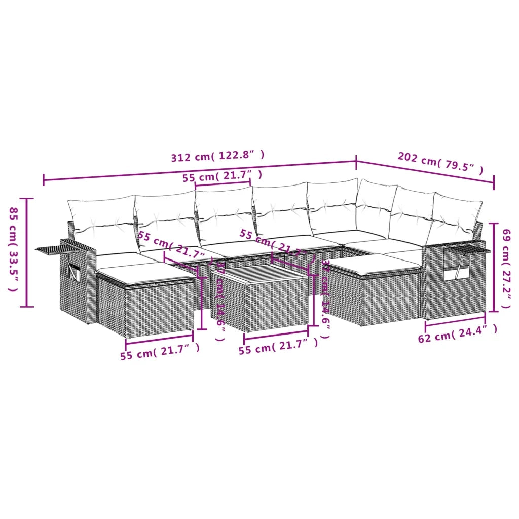 Set Divano da Giardino 10 pz con Cuscini Beige Misto Polyrattan