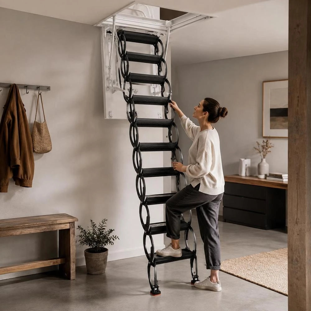 Attic Ladder, Load Capacity 299.4 Kg, Suitable For Ceiling Heights Of 3.2-3.35 M And Opening Size Of 1000.76 X 698.5 Mm, Extendable Ceiling Ladder Made Of Alloy Steel With Pull Rod For Attic