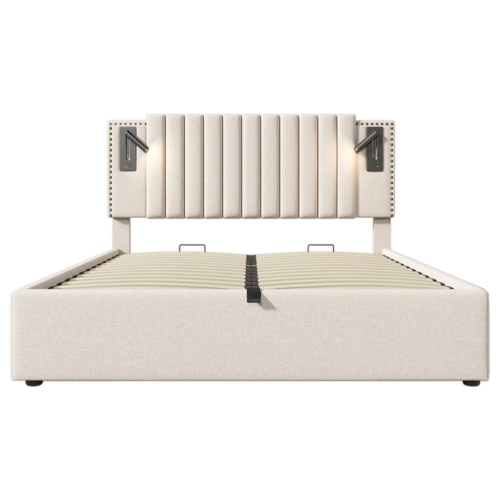 Letto matrimoniale contenitore 180x200 beige con USB e luce