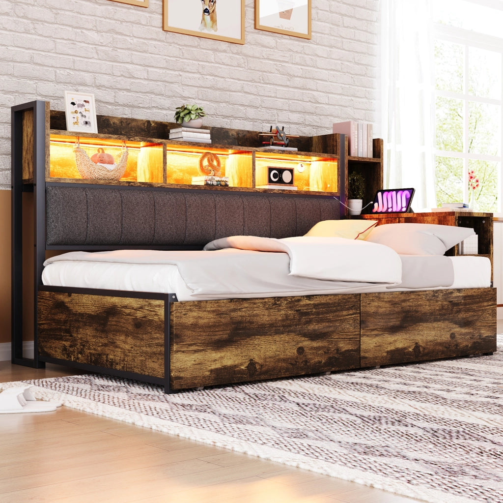 Letto 90x200 cm con scrivania estraibile e cassetti; metallo e legno