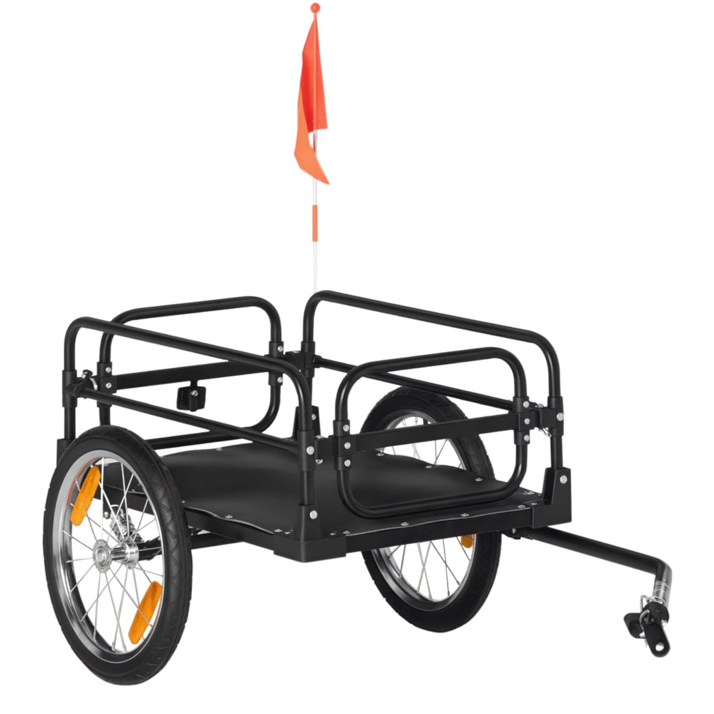 Carrello Bici da 70L con 2 Ruote da 16", 2 Catarifrangenti e Bandierina, in Acciaio e PE, 125x64x53.5 cm, Nero