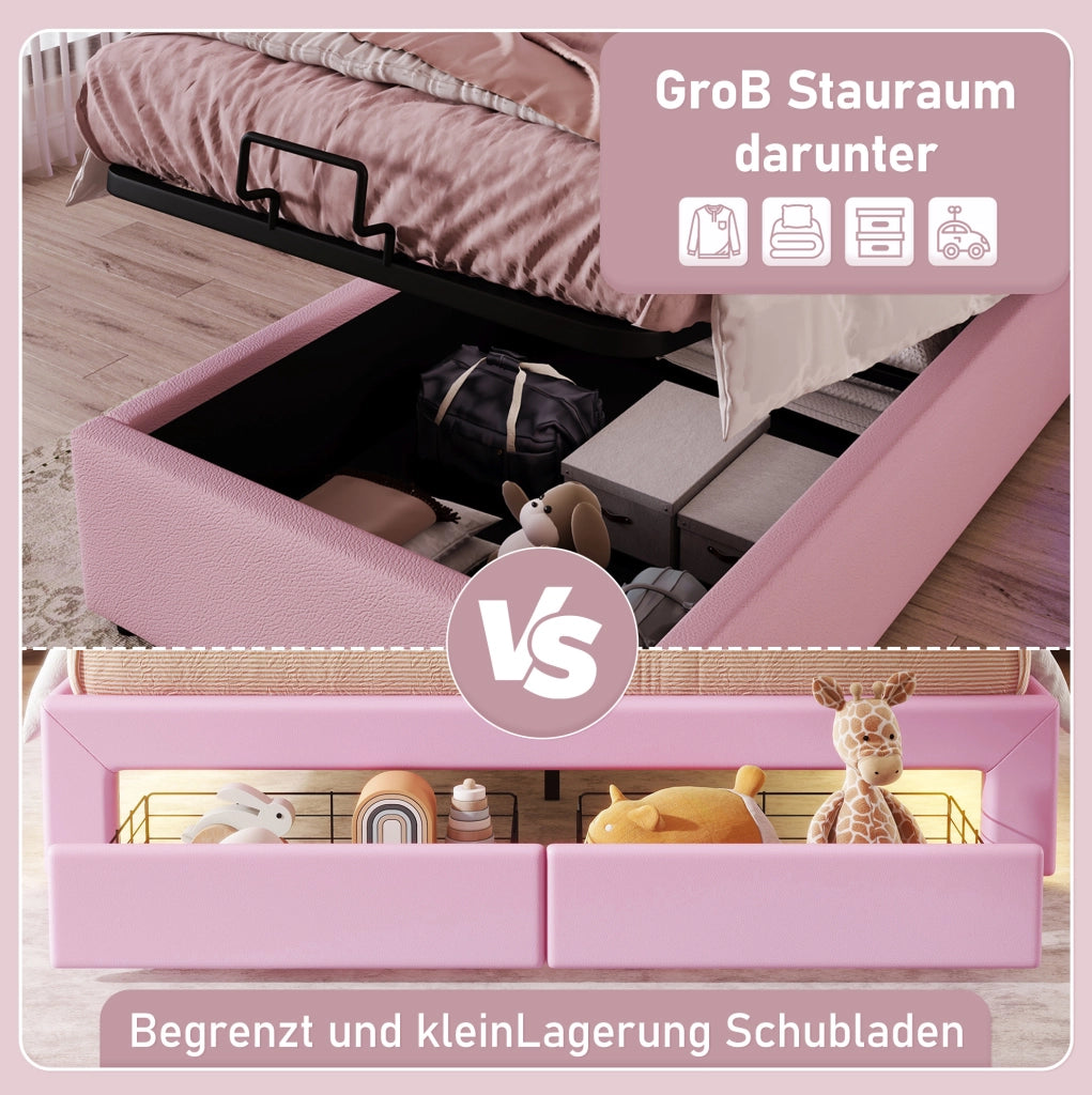 Letto per bambini imbottito 90x200 cm in PU e MDF con luce LED e contenitore, rosa