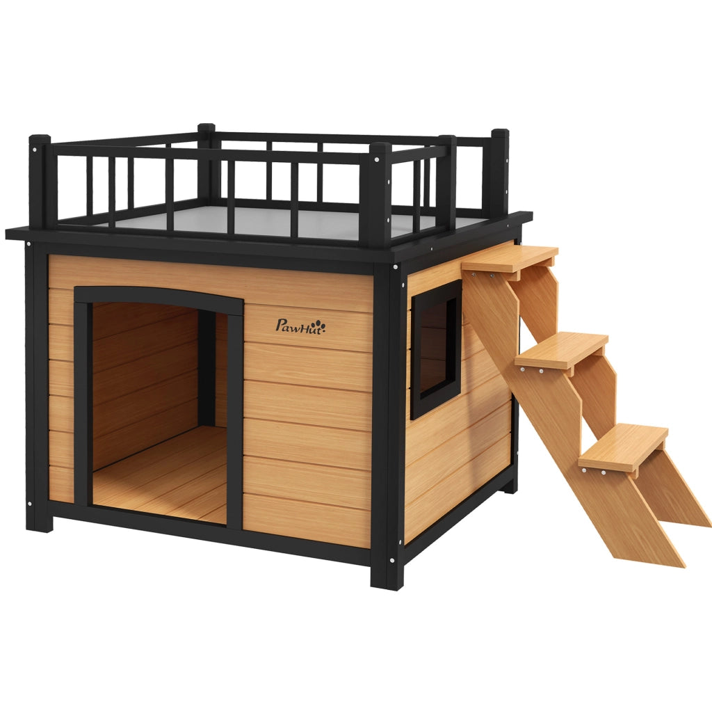 Cuccia per cani in legno di abete massello con terrazza e scala; gialla; 121x77x78 cm