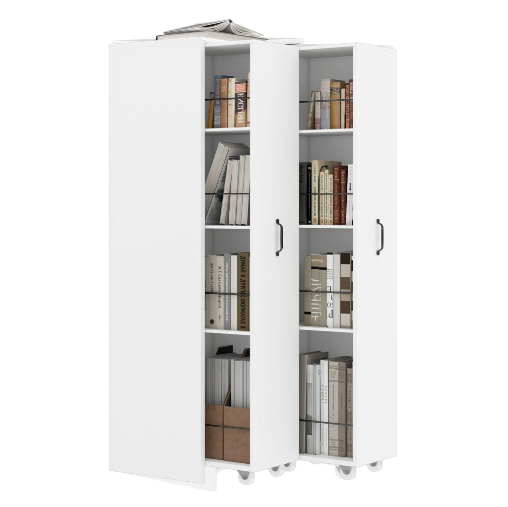 Libreria estensibile su ruote; 4 ripiani per modulo; MDF; bianco