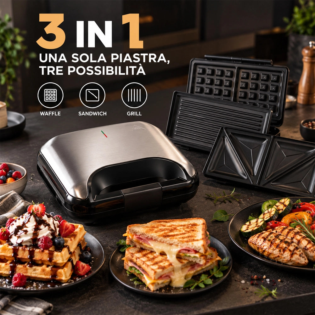 Macchina per Waffle con Piastre Intercambiabili Panini Maker e Grill Salvaspazio