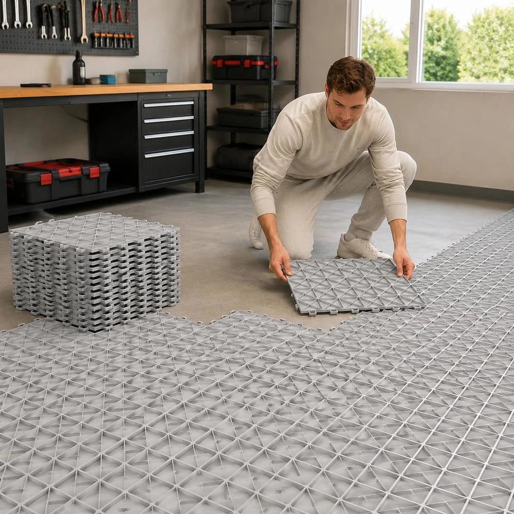 Garage Floor Fittings, 305 X 305 X 13.4 Mm, Set Of 50, Industrial Flooring, Non-slip Double-sided Textured Garage Flooring, For Garages, Basements, Repair Shops, Silver