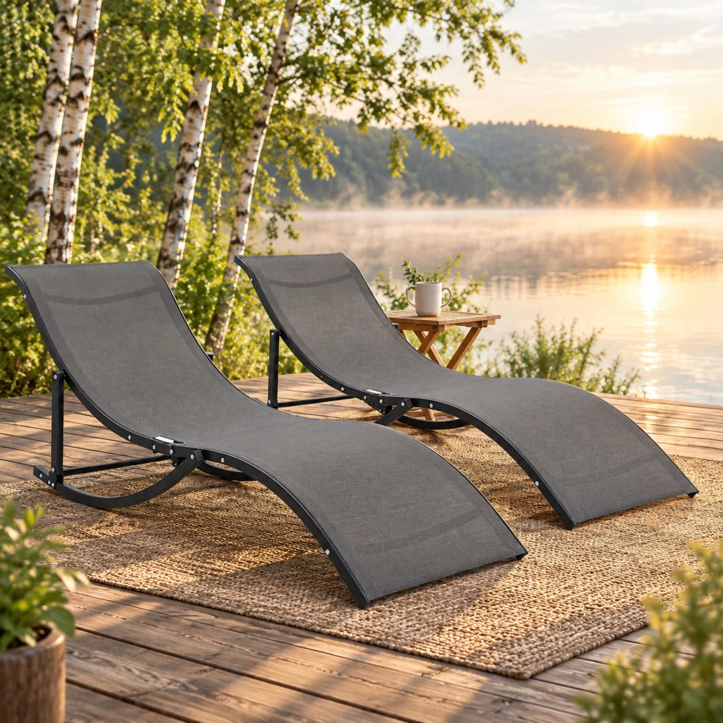 Set di 2 lettini prendisole pieghevoli a S in Texteline e alluminio grigio scuro per giardino o piscina