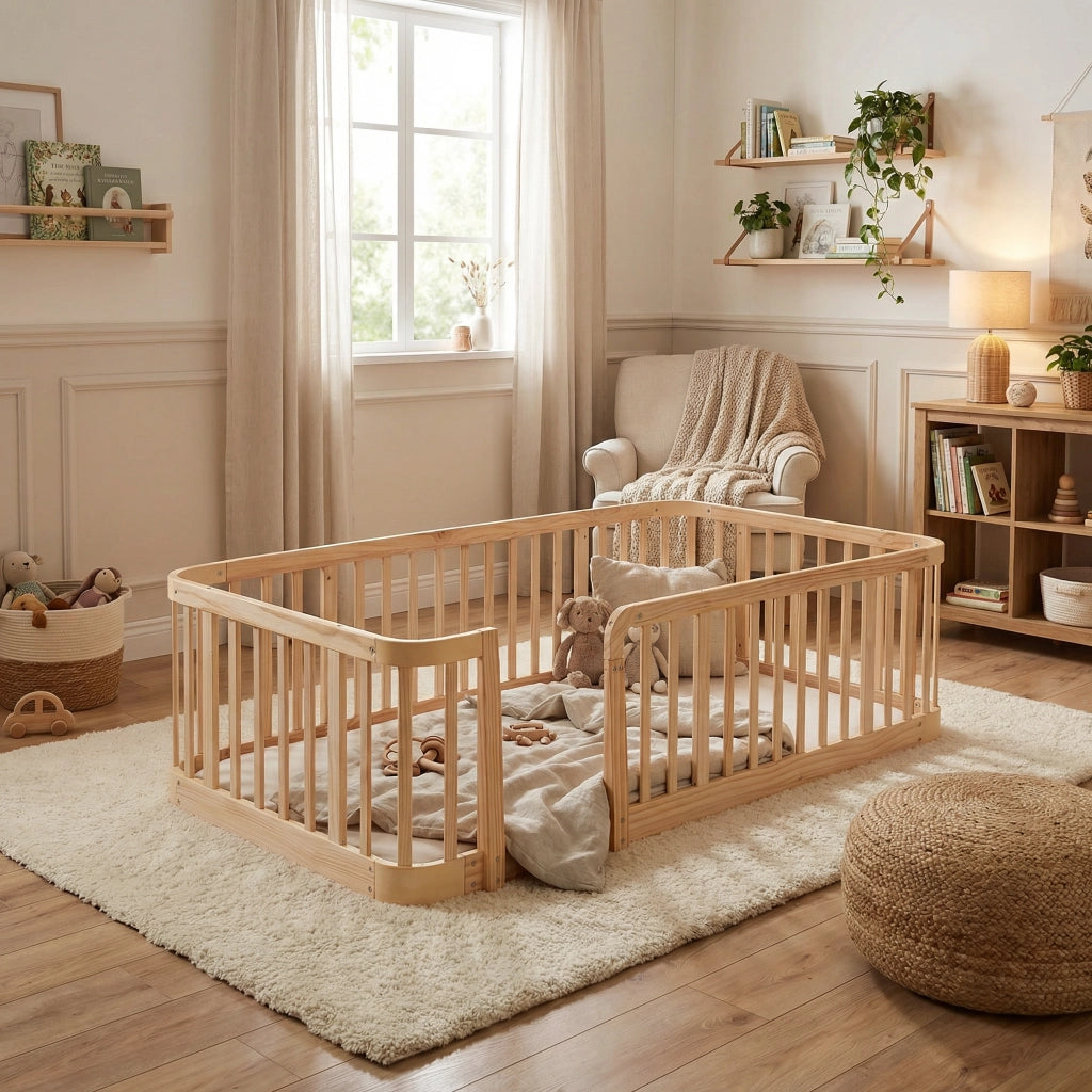 Box per bambini modulare 90 ¡Á 200 cm in legno ingegnerizzato naturale con barre distanziate 7 cm e bordi arrotondati